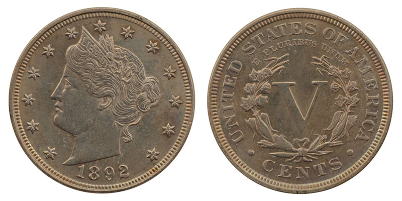 1892 Liberty Head Nickel obverse and reverse showing Liberty portrait and large V on reverse