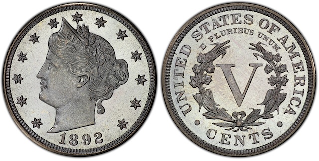 1892 Liberty Nickel comparison: business strike (left) versus Proof with mirror fields and frosted devices (right)