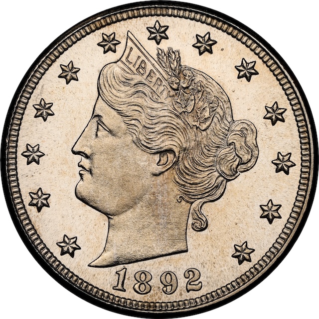 Close-up of 1892 Liberty Nickel re-punched date showing secondary digit impressions under magnification