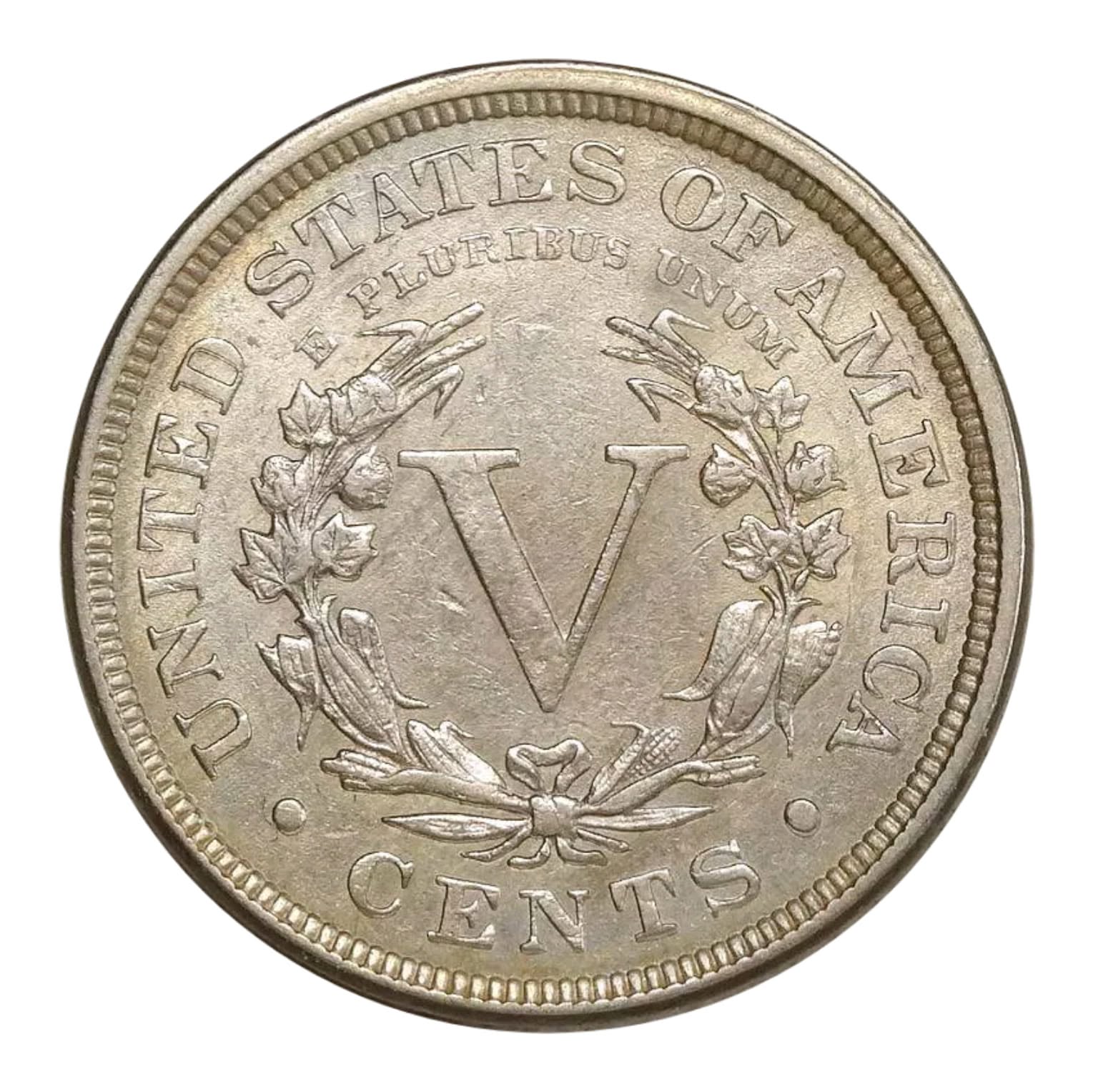 1892 Liberty Nickel reverse showing doubled-die doubling in wreath leaves and lettering