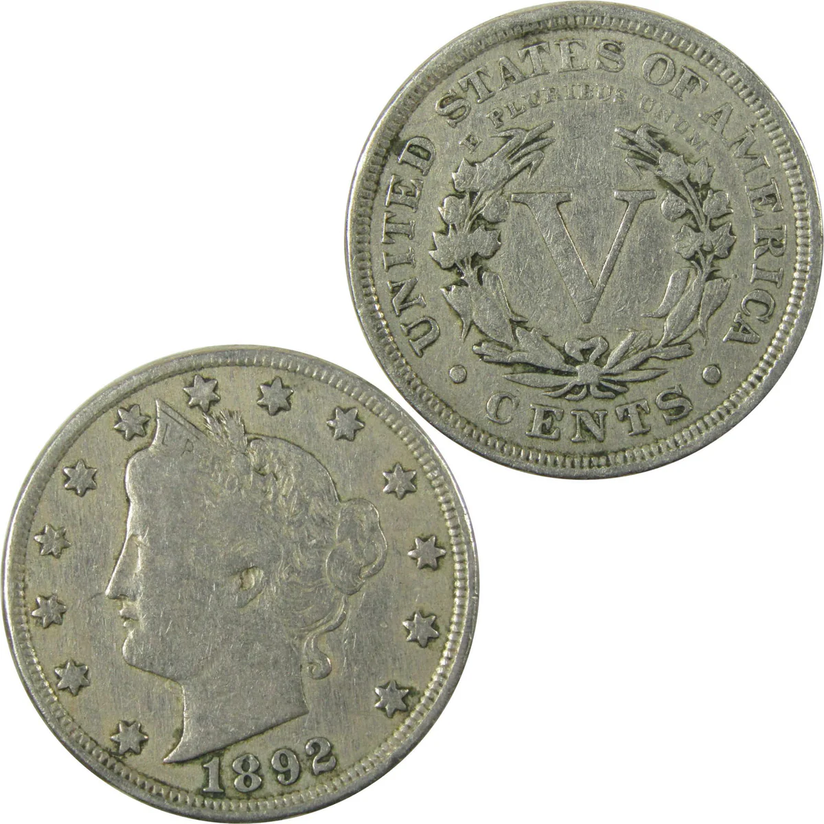 1892 Liberty Nickel grading strip showing four condition tiers: Good, Fine, Extremely Fine, and Mint State side by side